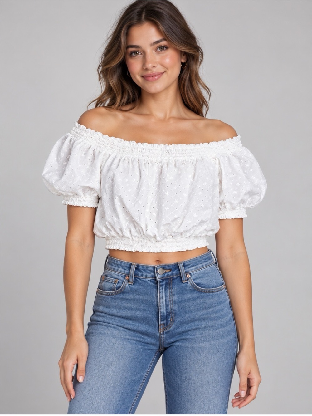 Women's White Eyelet Puff-Sleeve Crop Top